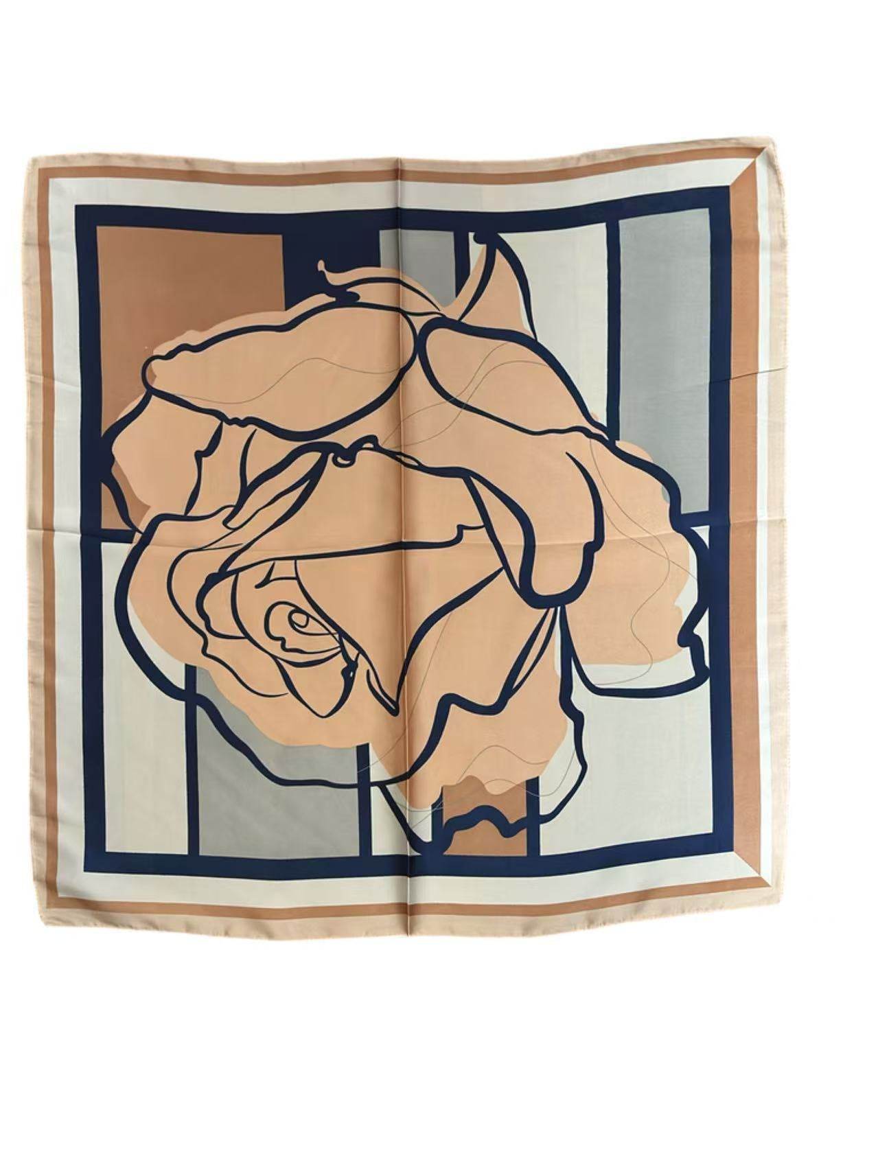 Elegant Floral Print Square Scarf – Beige and Navy Headscarf - MODA ACCESSORIES