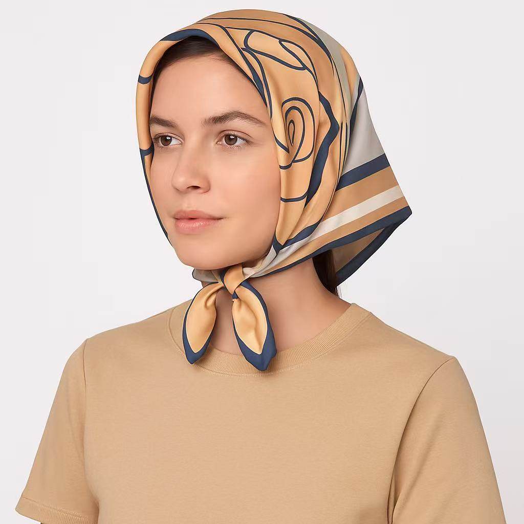 Elegant Floral Print Square Scarf – Beige and Navy Headscarf - MODA ACCESSORIES