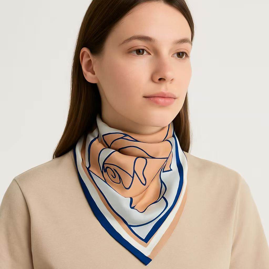 Elegant Floral Print Square Scarf – Beige and Navy Headscarf - MODA ACCESSORIES