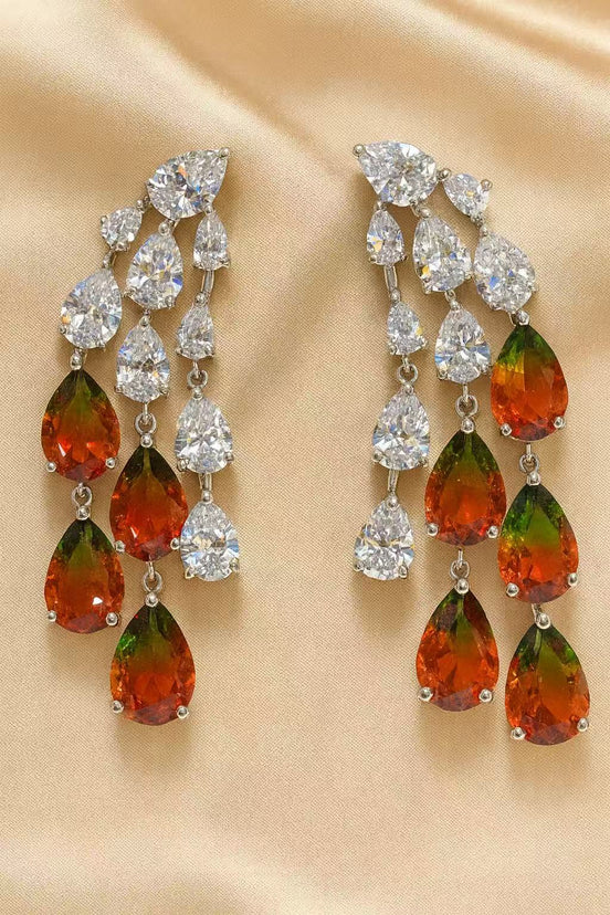 Luxury Fire Opal & Diamond Drop Earrings – Red Green Gemstone Chandelier Earrings