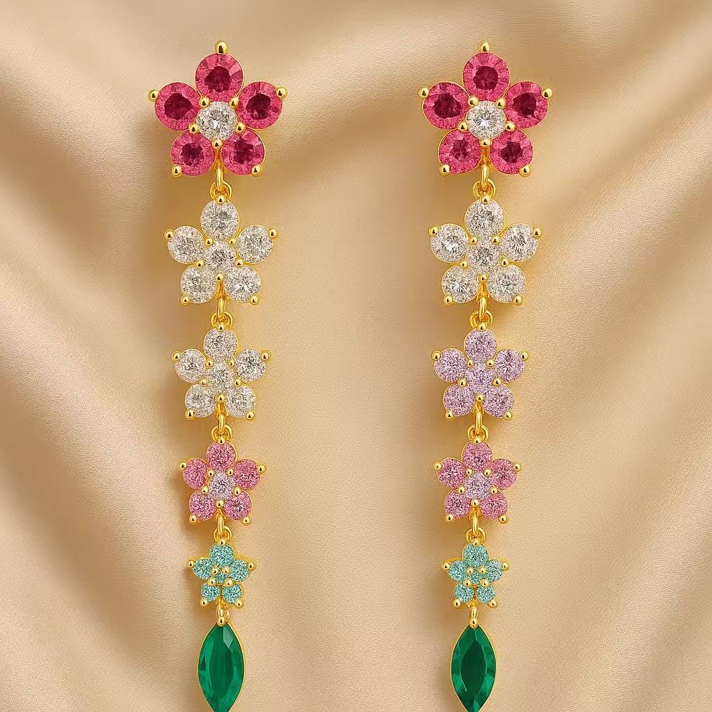 Multicolor Floral Drop Earrings – Elegant Gold-Plated Crystal Dangle Earrings for Women