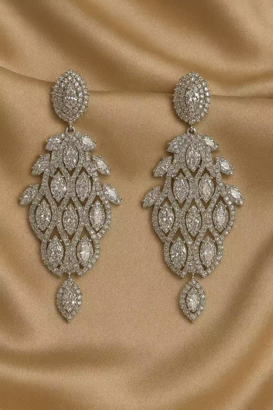 Luxury Crystal Leaf Drop Earrings – Elegant Statement Silver Dangle Earrings for Women