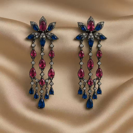 Royal Sapphire & Ruby Chandelier Earrings – Luxury Crystal Drop Earrings for Women