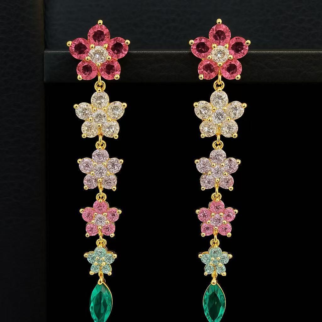 Multicolor Floral Drop Earrings – Elegant Gold-Plated Crystal Dangle Earrings for Women