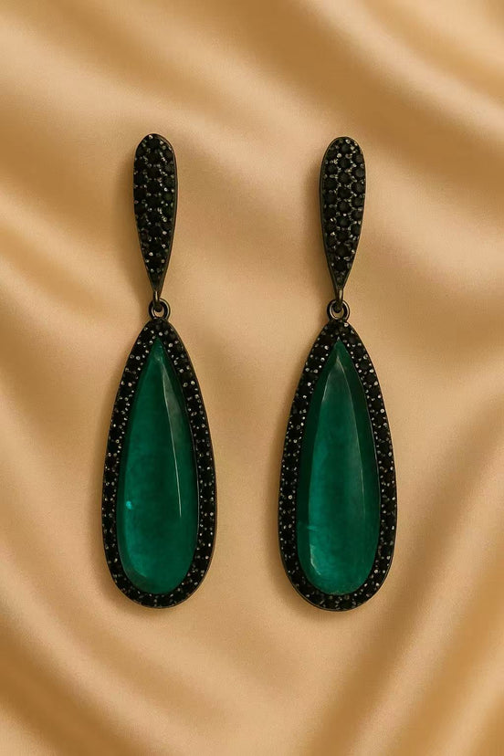Emerald Green Gemstone & Black Diamond Drop Earrings – Elegant Statement Jewelry