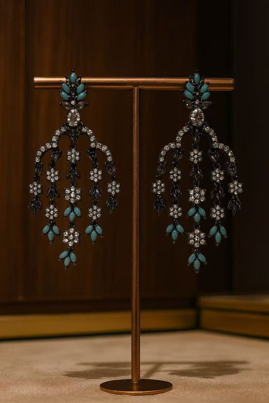 Antique Black & Turquoise Chandelier Earrings – Vintage Crystal Drop Earrings for Women