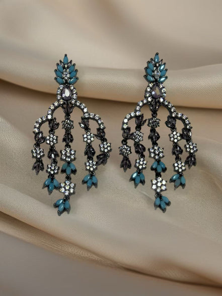 Antique Black & Turquoise Chandelier Earrings – Vintage Crystal Drop Earrings for Women