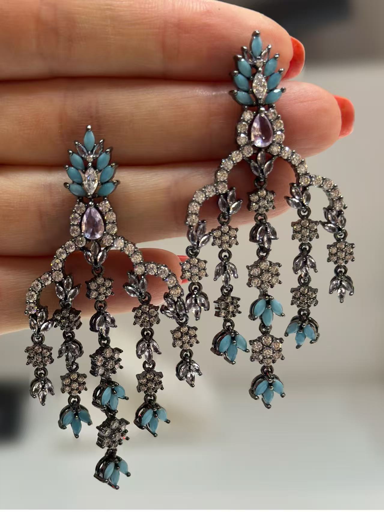 Antique Black & Turquoise Chandelier Earrings – Vintage Crystal Drop Earrings for Women