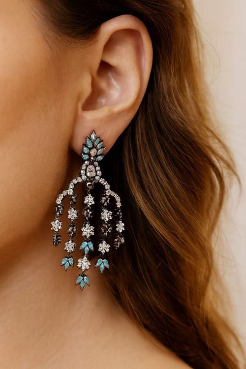 Antique Black & Turquoise Chandelier Earrings – Vintage Crystal Drop Earrings for Women