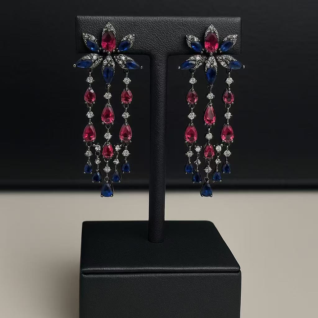 Royal Sapphire & Ruby Chandelier Earrings – Luxury Crystal Drop Earrings for Women