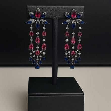 Royal Sapphire & Ruby Chandelier Earrings – Luxury Crystal Drop Earrings for Women