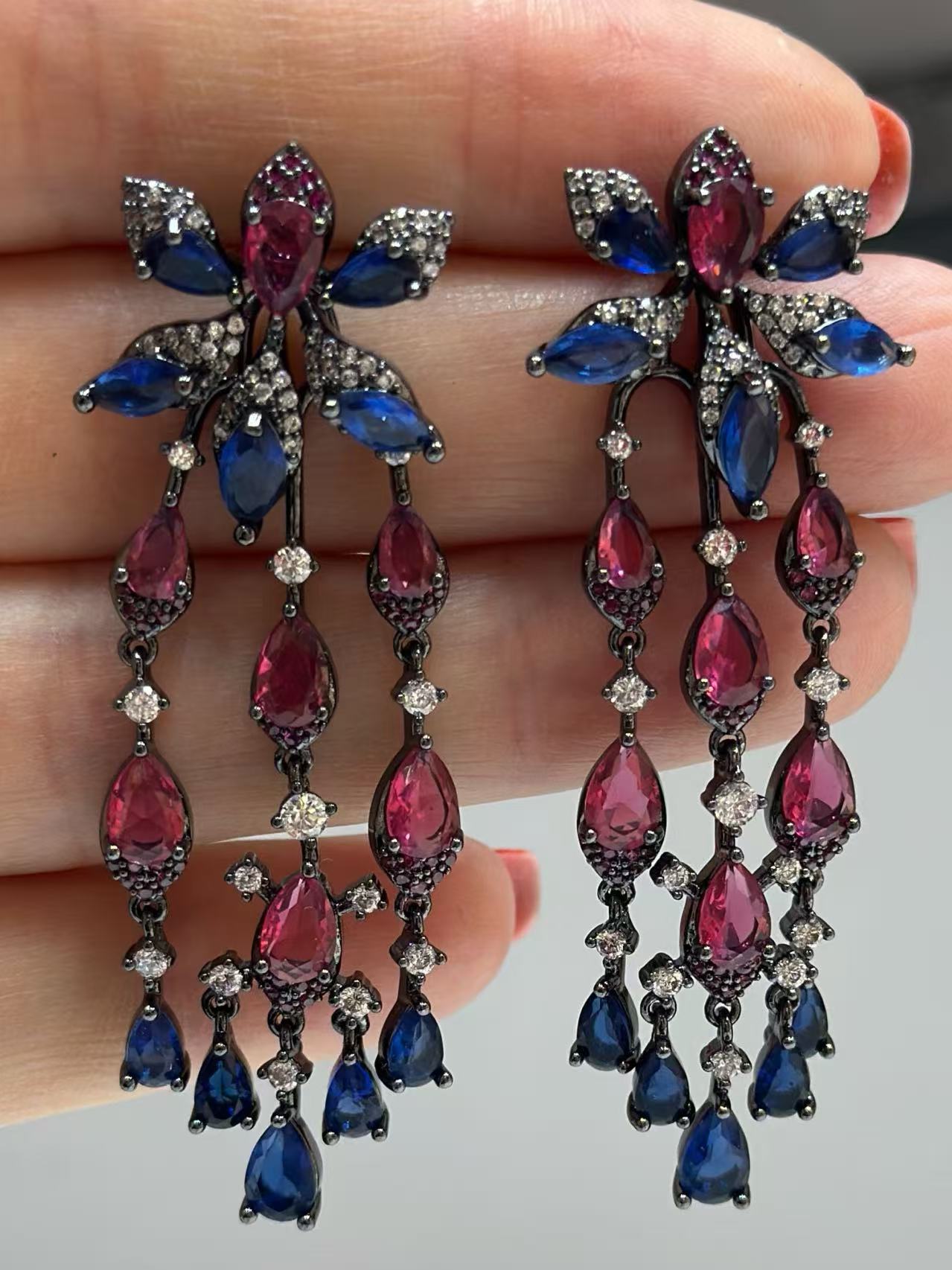 Royal Sapphire & Ruby Chandelier Earrings – Luxury Crystal Drop Earrings for Women