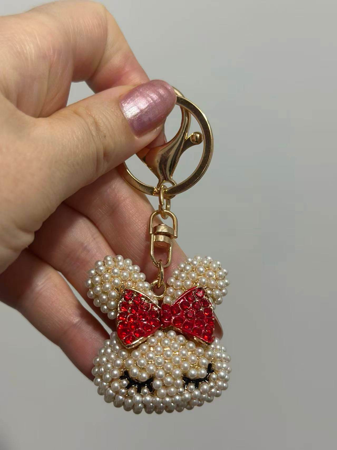 Cute Bunny Keychain with Red Crystal Bow – Pearl Beaded Design - MODA ACCESSORIES