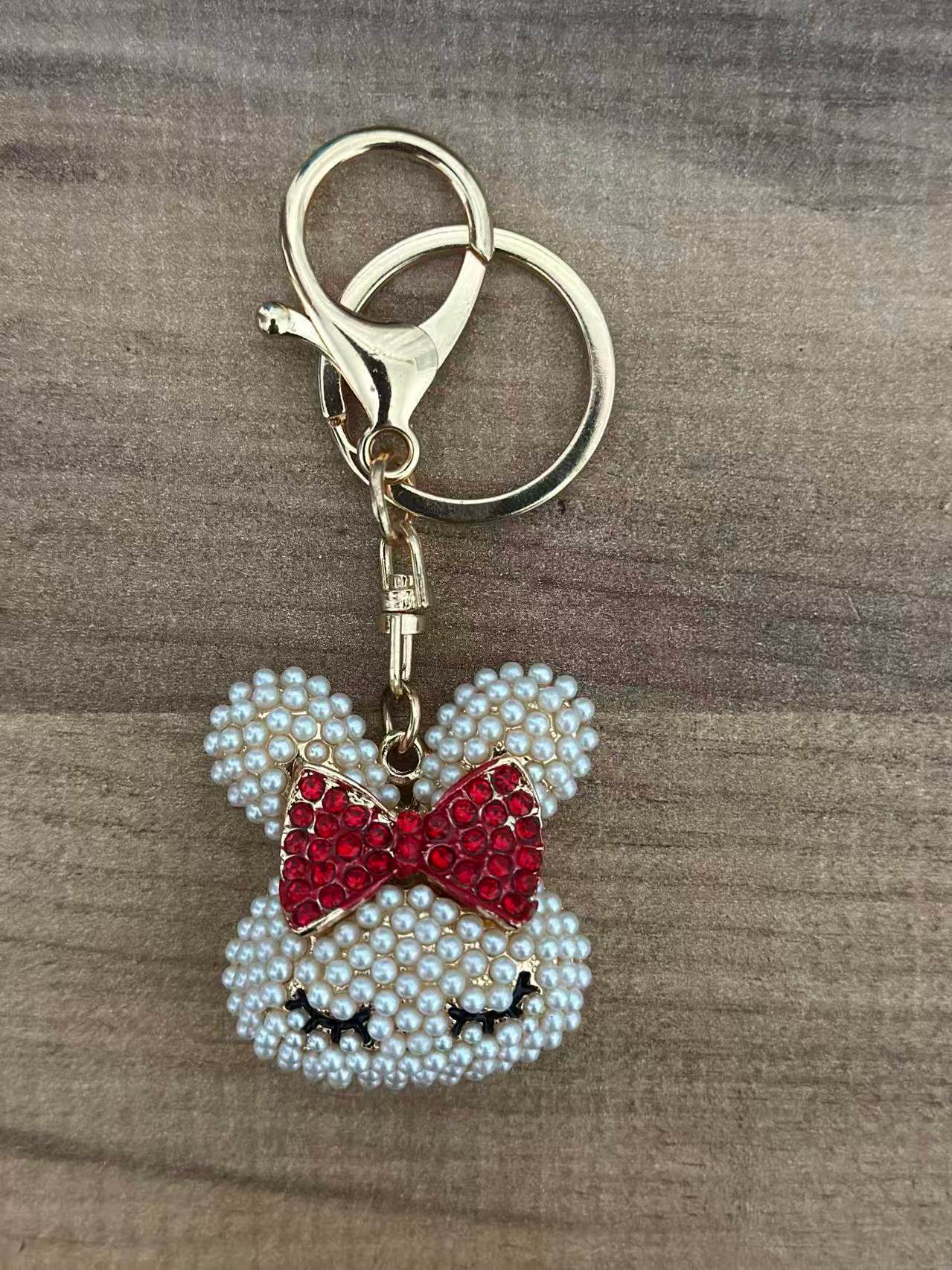 Cute Bunny Keychain with Red Crystal Bow – Pearl Beaded Design - MODA ACCESSORIES