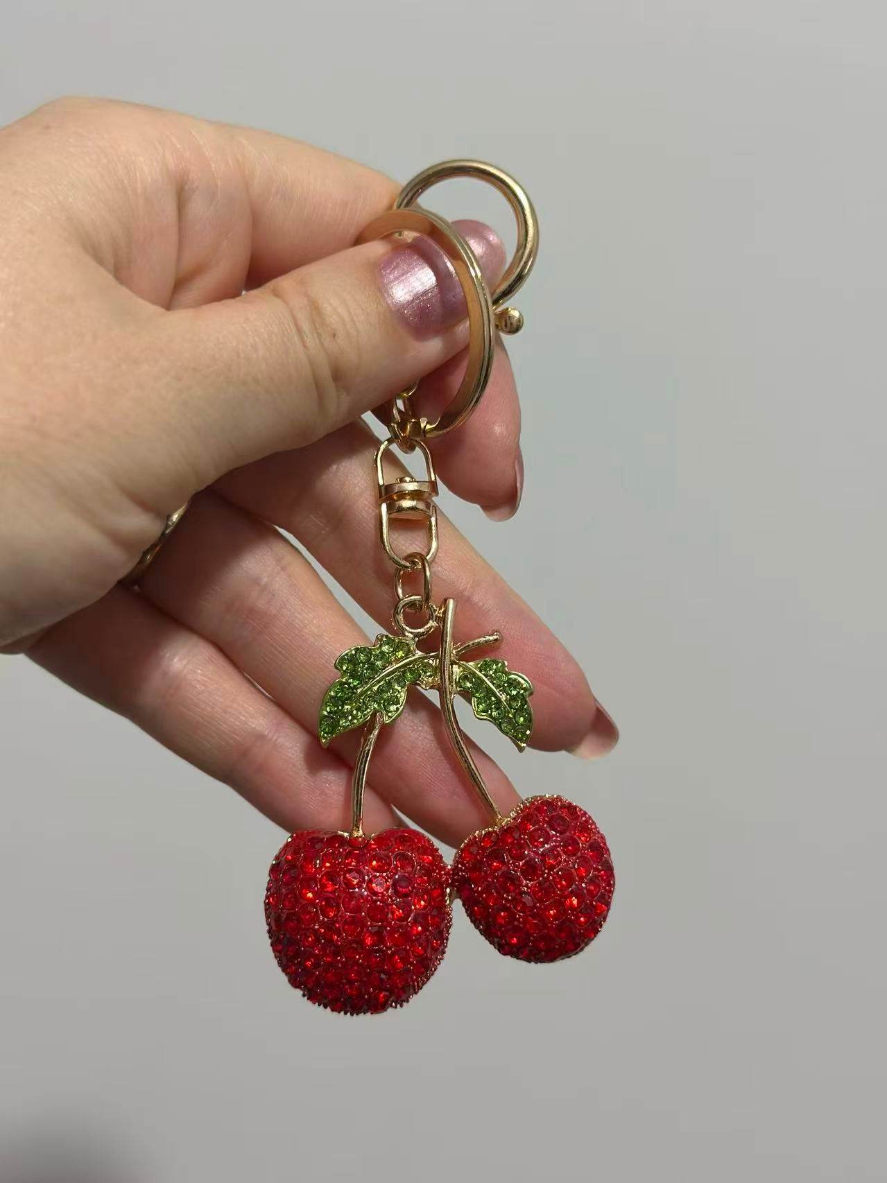 Shiny Crystal Cherry Keychain – Red & Green Rhinestone Design - MODA ACCESSORIES