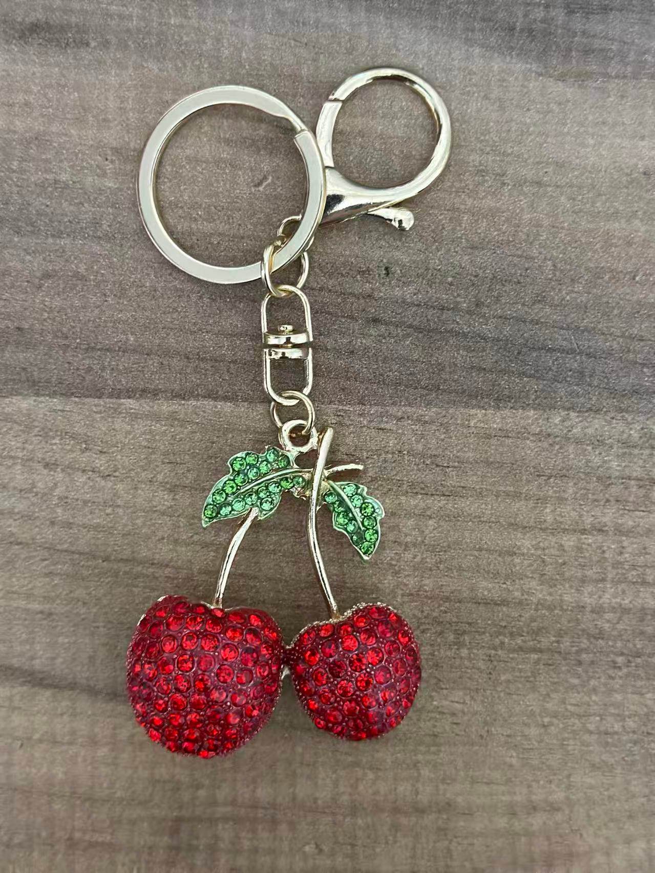 Shiny Crystal Cherry Keychain β Red & Green Rhinestone Design - MODA ACCESSORIES
