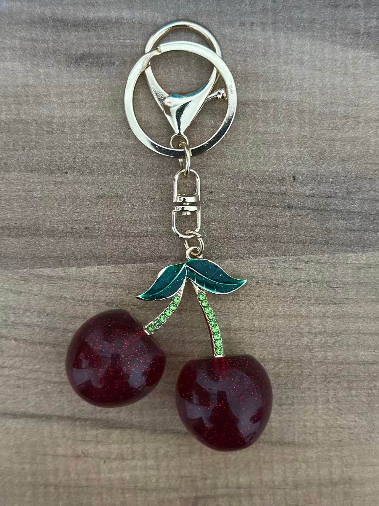 Cherry Keychain – Red Glitter Fruit Charm with Green Leaf Accent - MODA ACCESSORIES