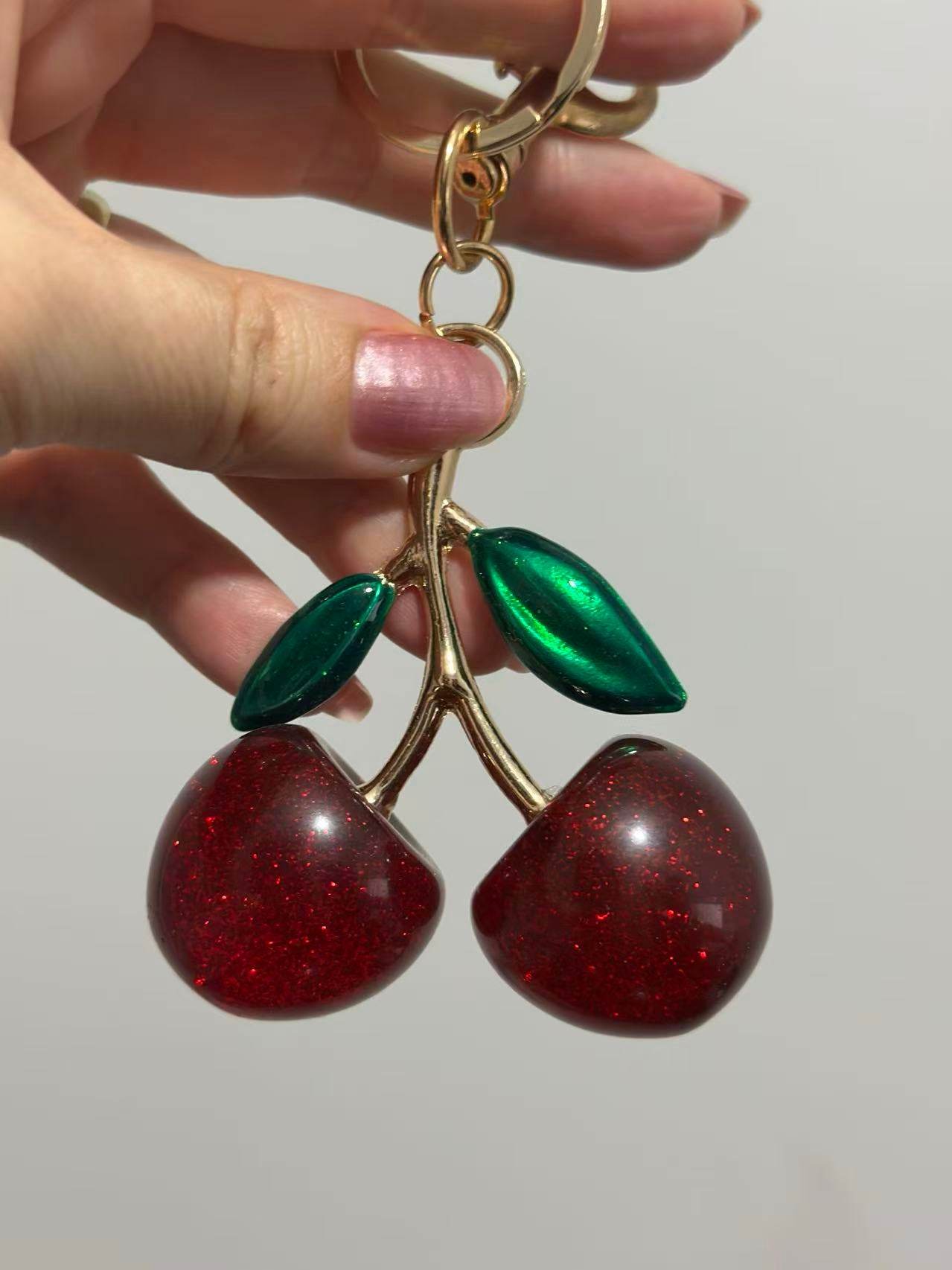 Cherry Keychain – Red Fruit Charm with Green Leaf Design - MODA ACCESSORIES