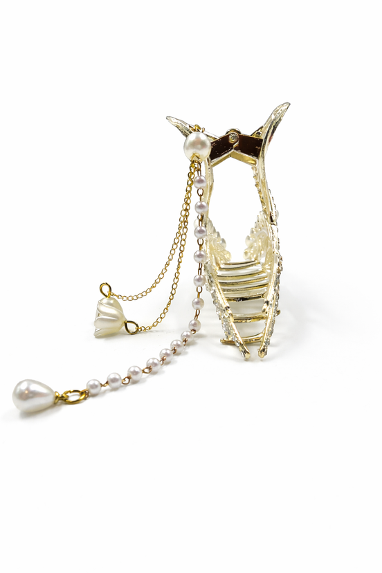 Gold Crystal Leaf Pearl Hair Claw Clip