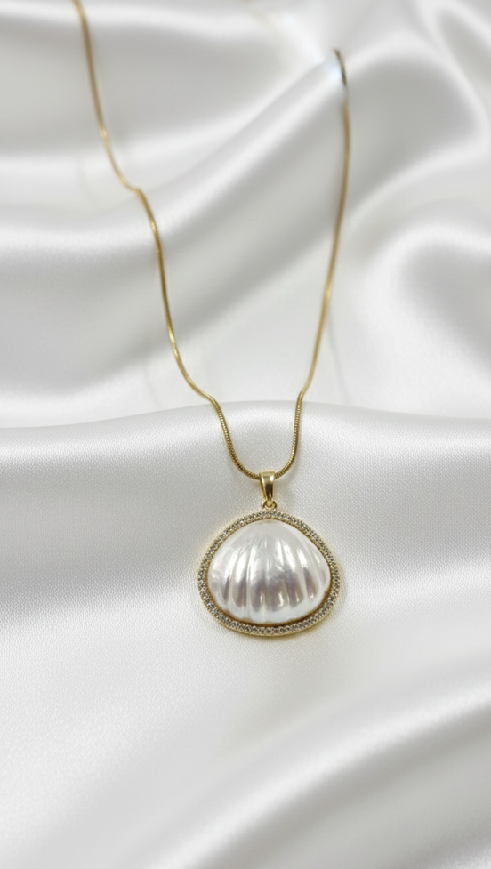 Gold Mother of Pearl Pendant Necklace with Pavé Crystal Frame