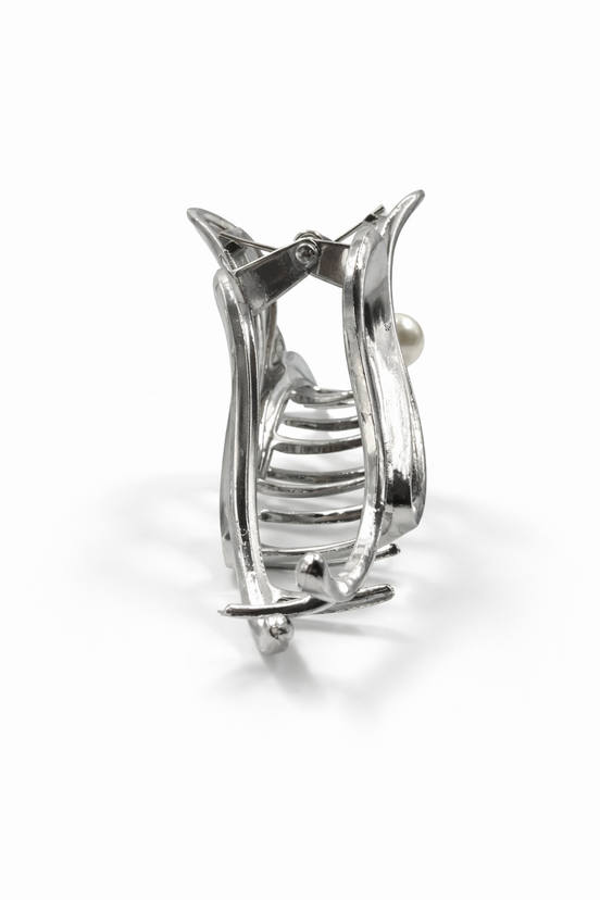Silver Sculptural Hair Clip with Pearl Detail