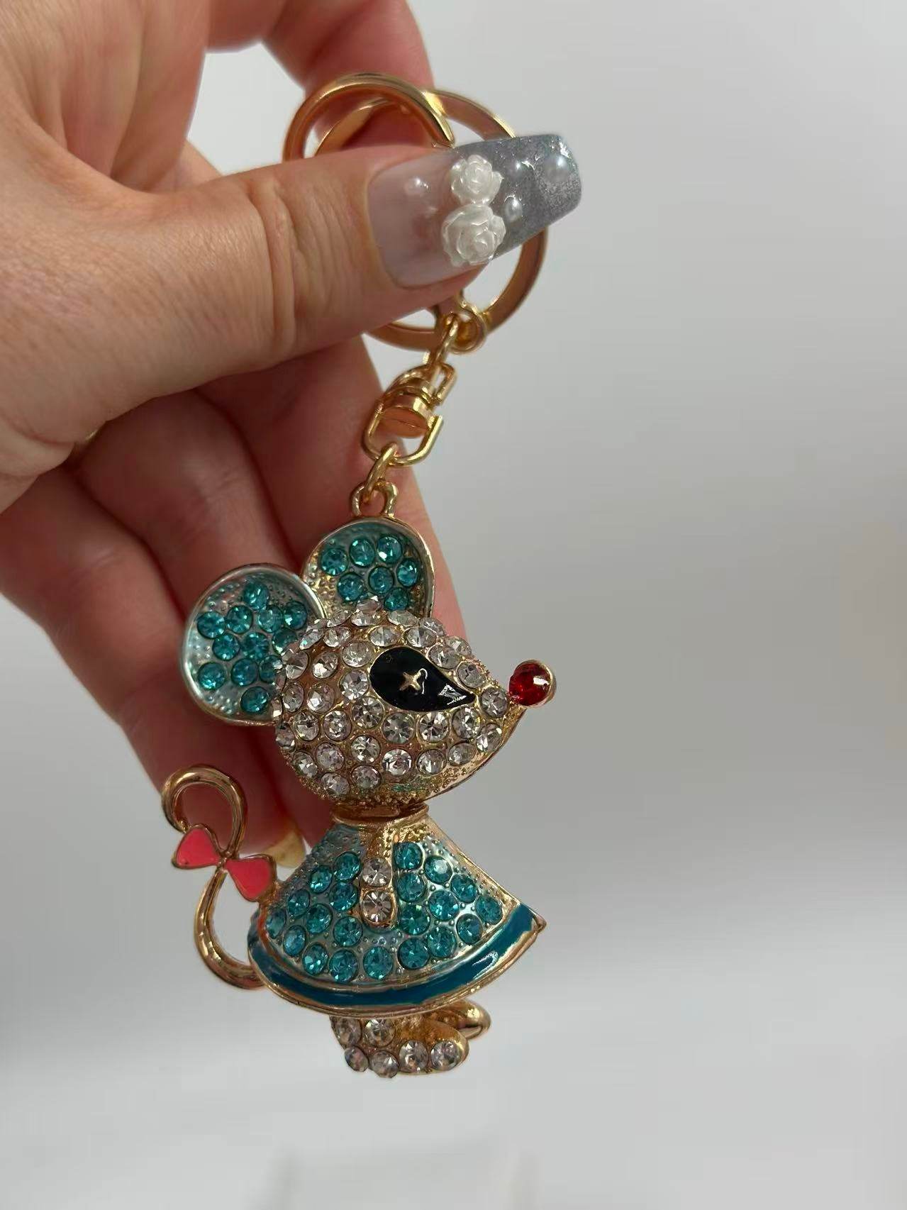 Crystal Mouse Keychain – Cute Rhinestone Cartoon Charm in Blue Dress - MODA ACCESSORIES