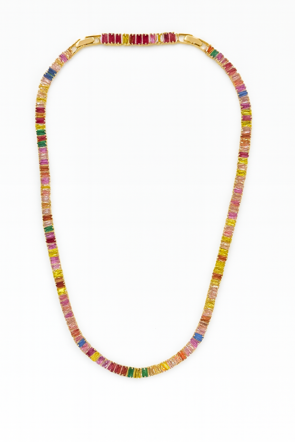 Vibrant Gold Plated Rainbow Baguette Tennis Necklace