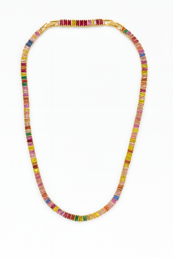 Vibrant Gold Plated Rainbow Baguette Tennis Necklace