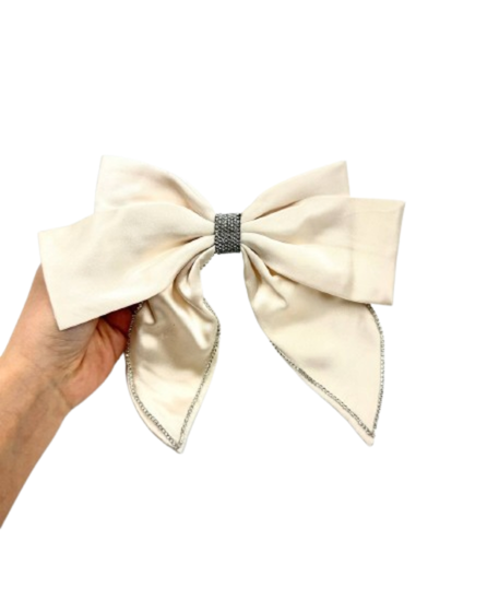 Elegant Satin Bow Hair Clip with Rhinestone Detail – Cream