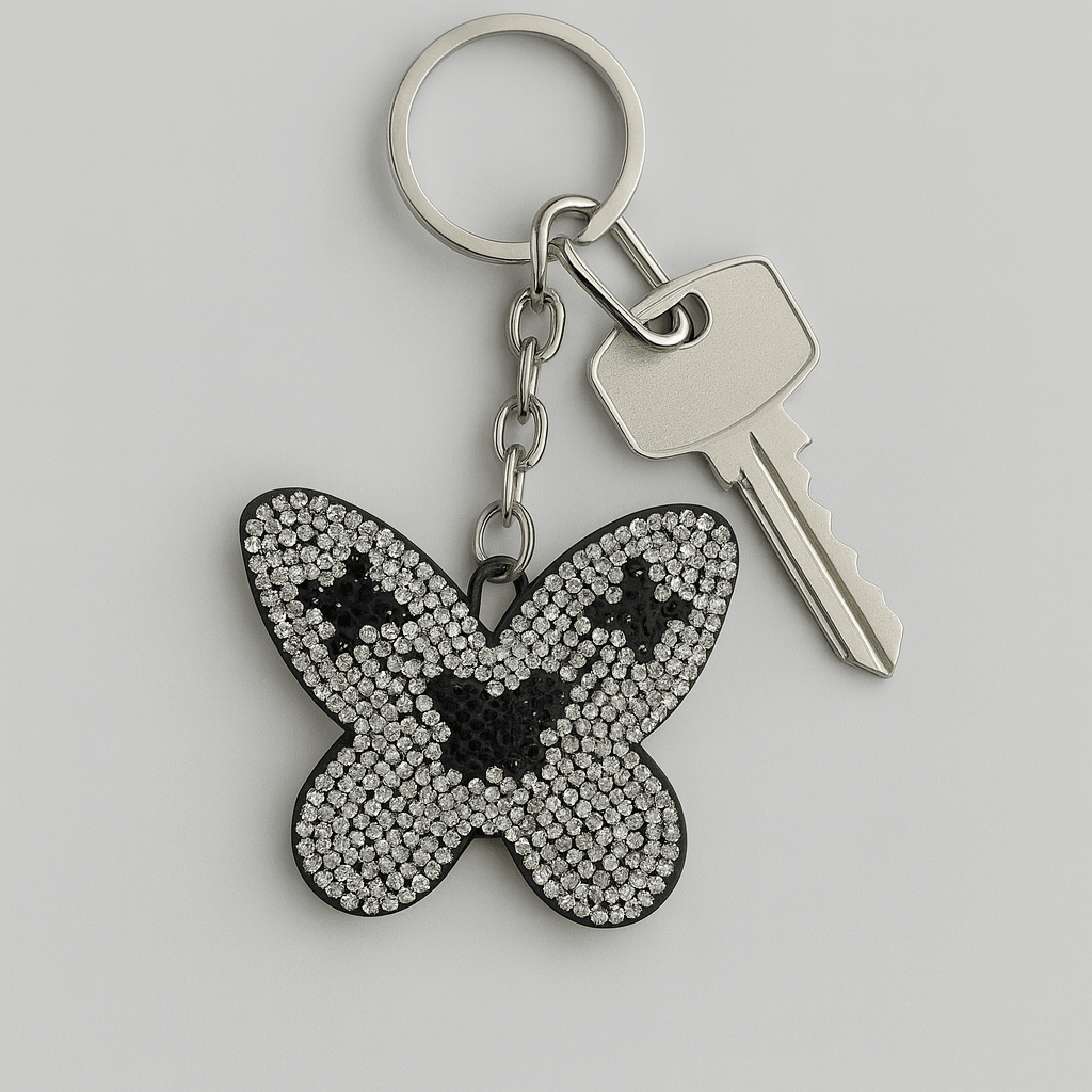 Elegant Rhinestone Butterfly Keychain – Black & Silver Crystal Design - MODA ACCESSORIES