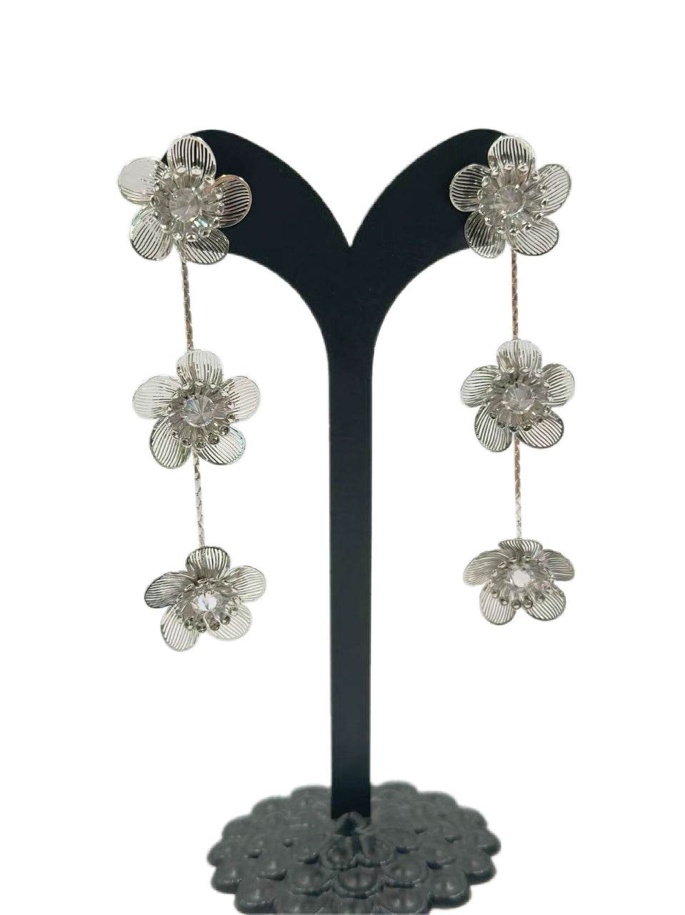 Triple Blossom Silver-Tone Drop Earrings - MODA ACCESSORIES