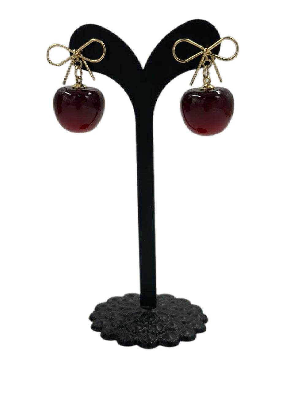 Cherry Drop Earrings with Gold-Tone Bow Accent - MODA ACCESSORIES