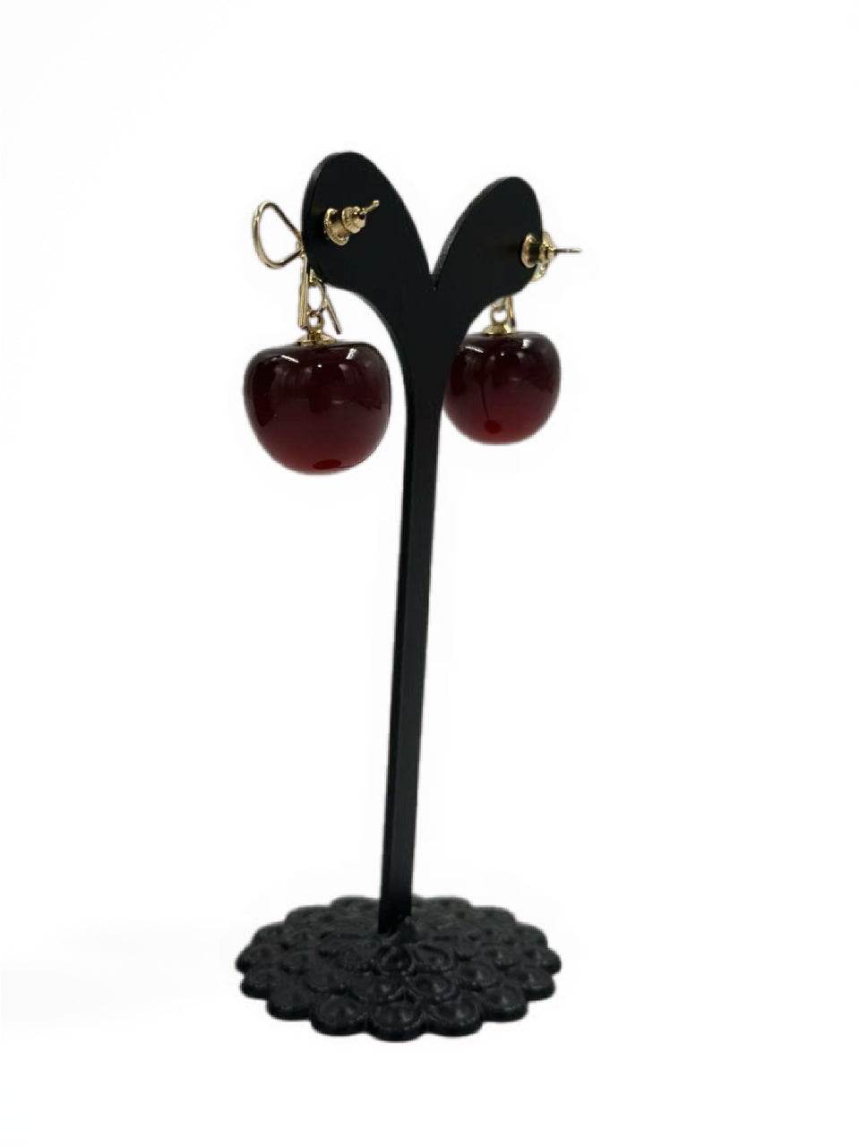 Cherry Drop Earrings with Gold-Tone Bow Accent - MODA ACCESSORIES