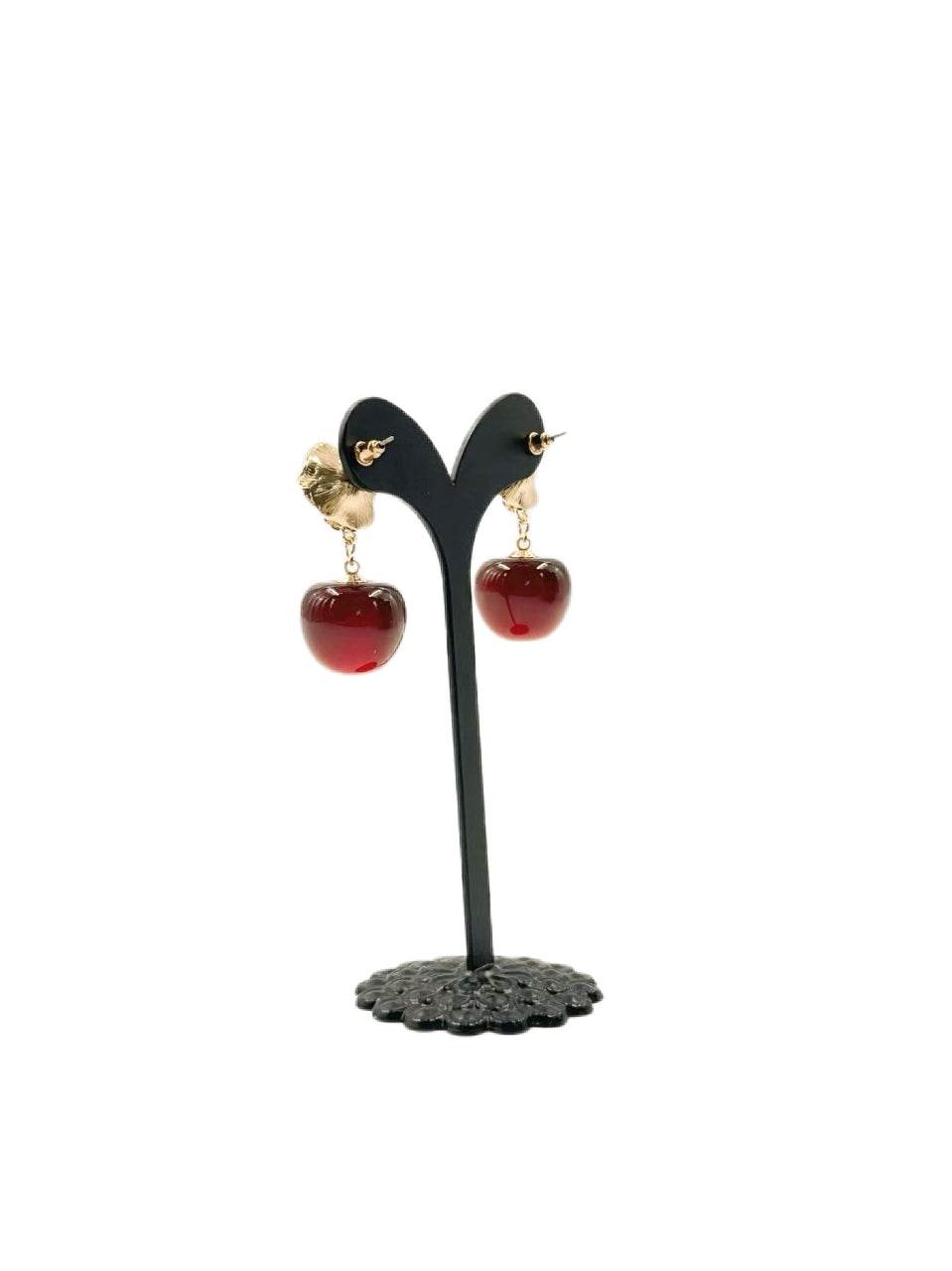 Vintage Cherry Drop Earrings with Gold Floral Stud - MODA ACCESSORIES