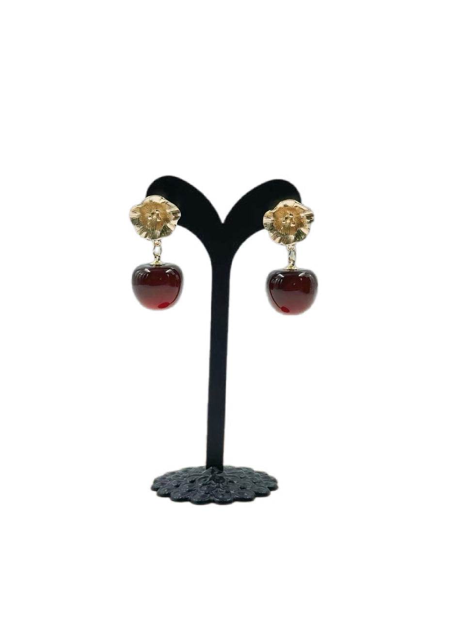 Vintage Cherry Drop Earrings with Gold Floral Stud - MODA ACCESSORIES