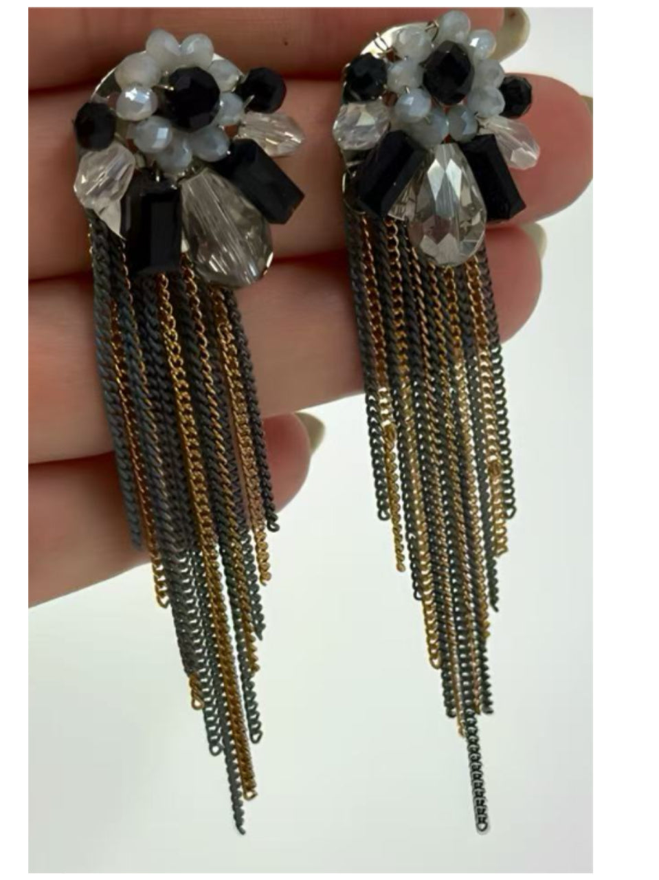 Elegant Black & Gold Floral Tassel Earrings