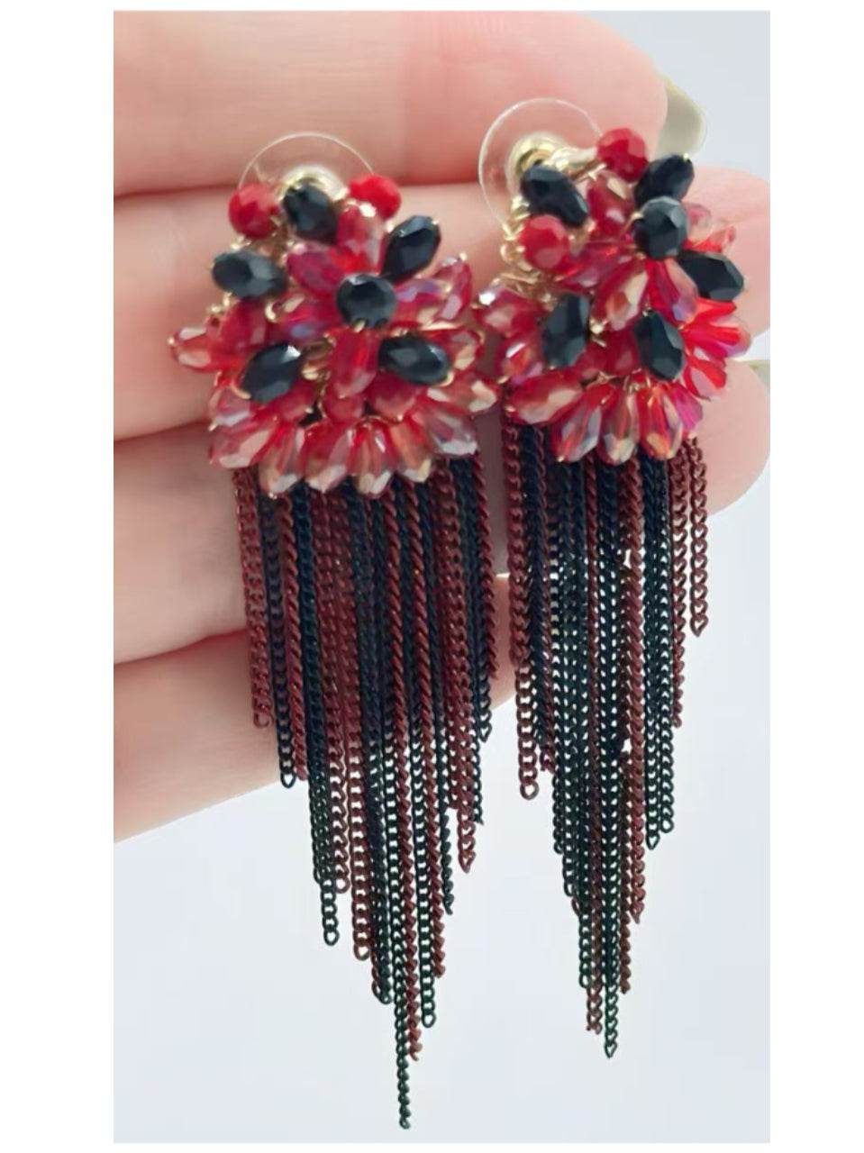 Red and Black Flower Earrings with Cascading Chain Tassels - MODA ACCESSORIES