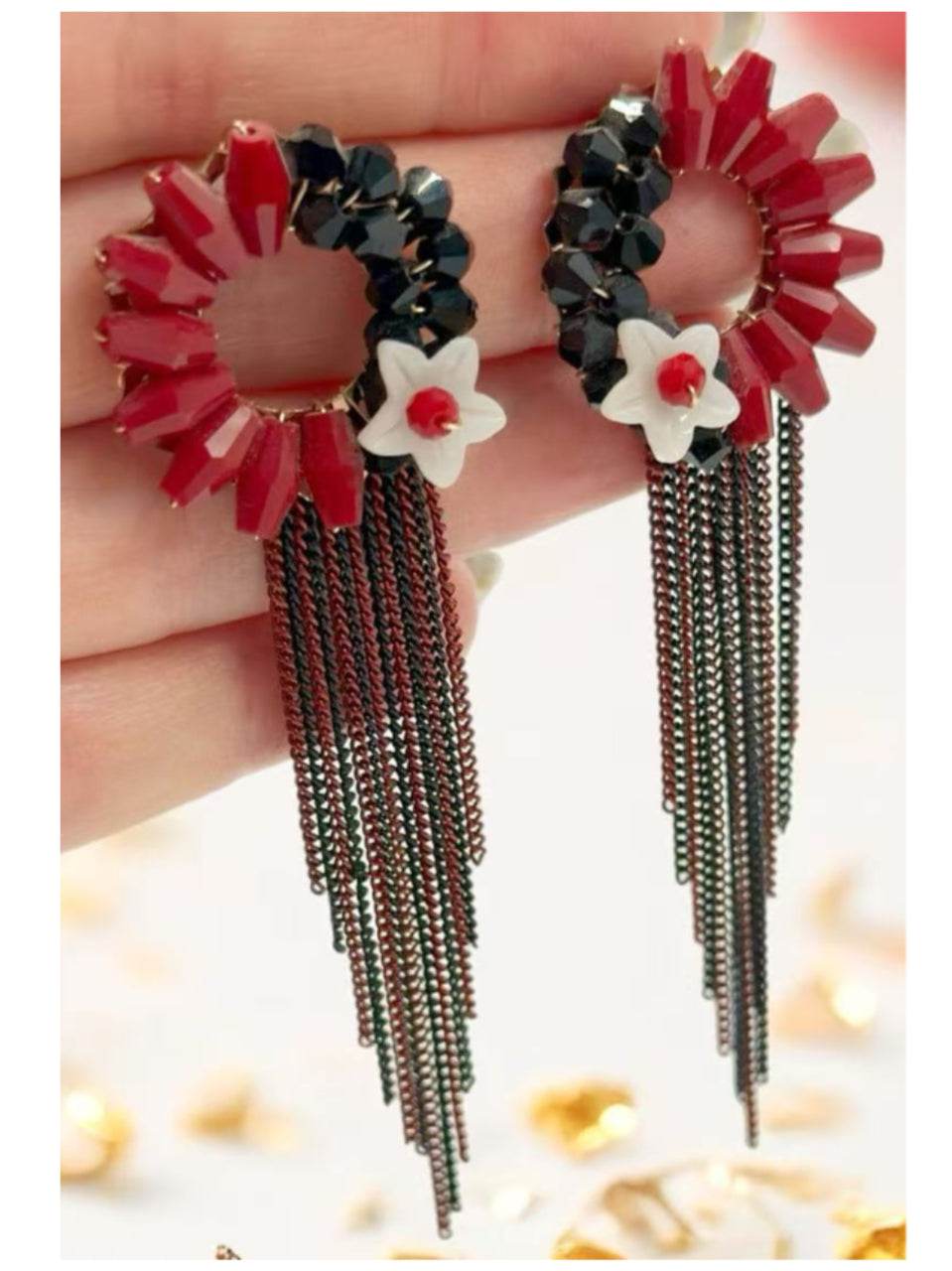 Red and Black Floral Earrings with Cascading Tassel Chains - MODA ACCESSORIES