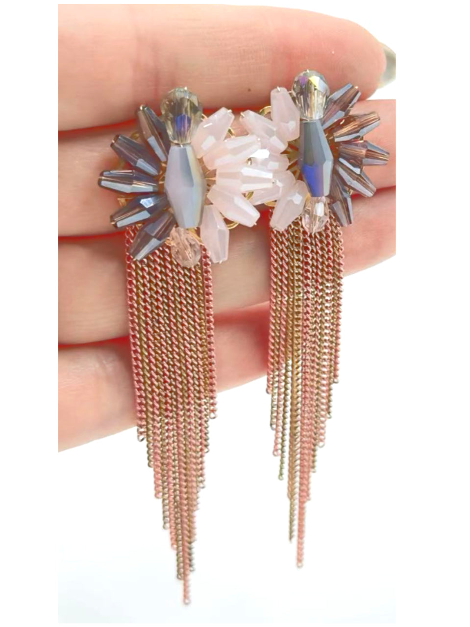 Rose Gold Crystal Tassel Statement Earrings