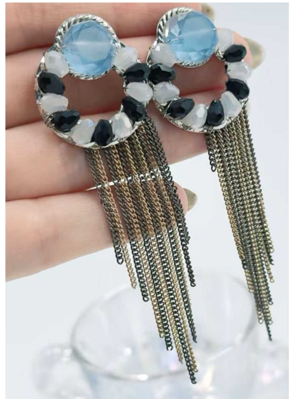 Icy Blue Crystal Hoop Tassel Earrings