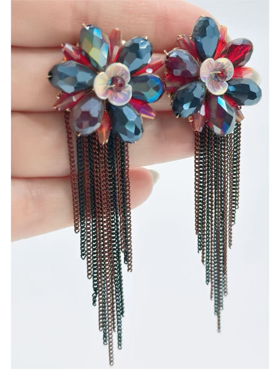 Midnight Red Floral Tassel Earrings