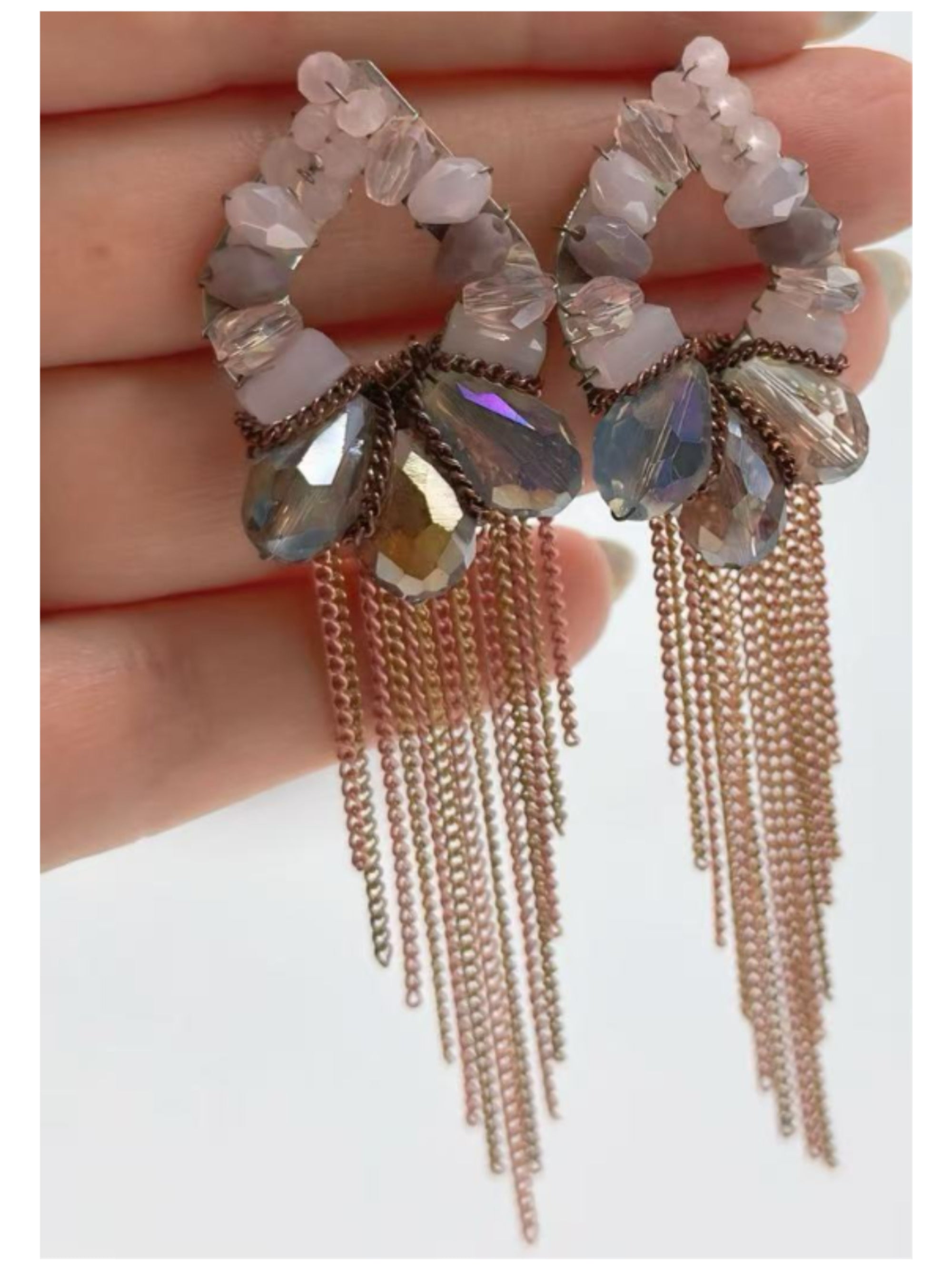 Iridescent Teardrop Blush Tassel Earrings