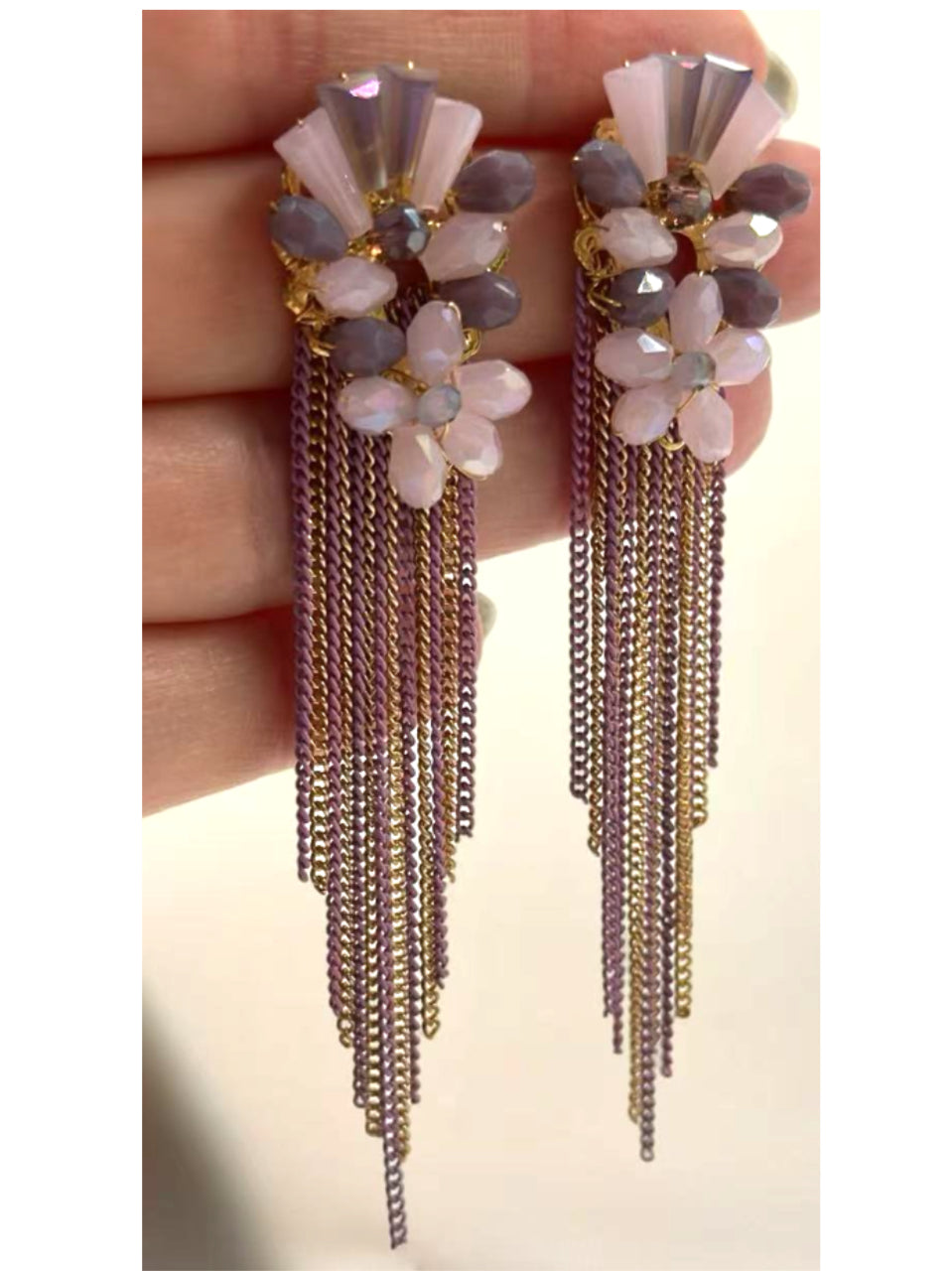 Purple & Gold Crystal Tassel Statement Earrings