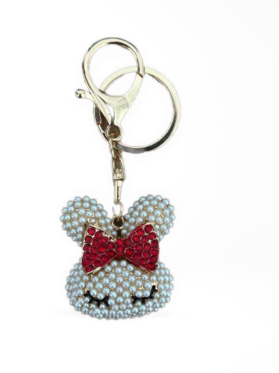 Cute Bunny Keychain with Red Crystal Bow – Pearl Beaded Design - MODA ACCESSORIES
