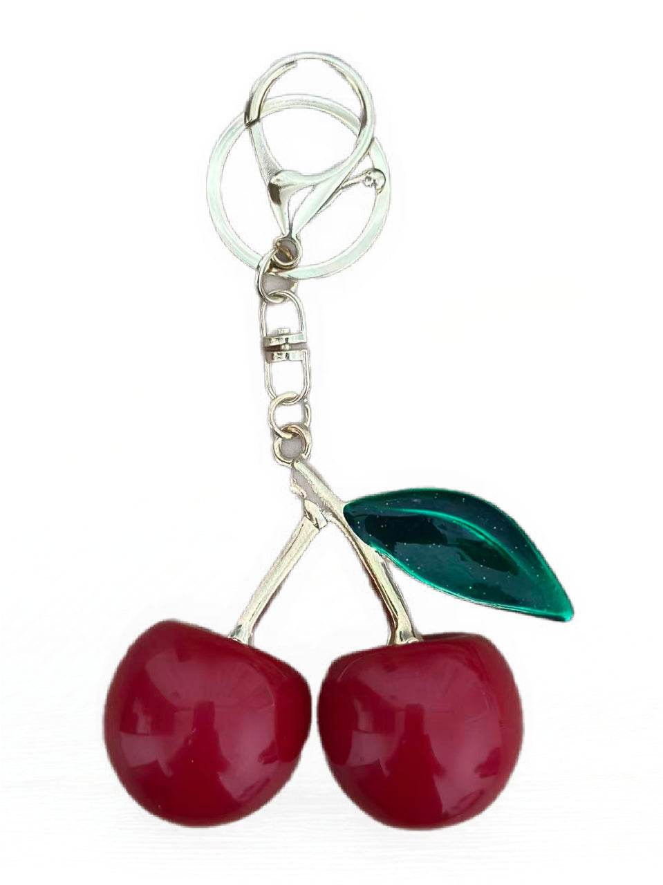Elegant Cherry Keychain – Red Enamel Fruit Design with Green Leaf - MODA ACCESSORIES