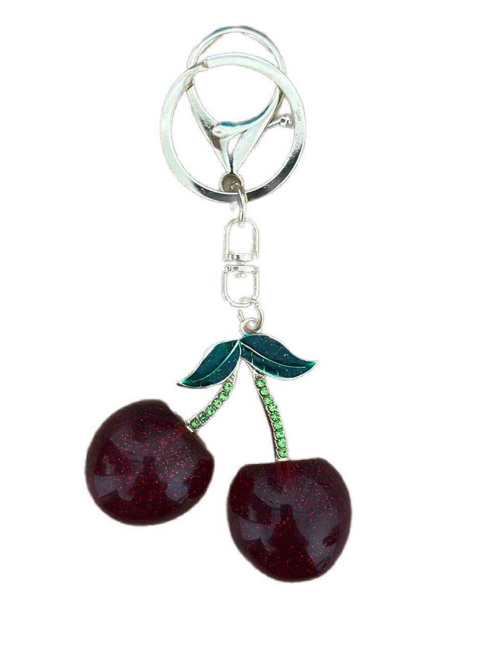 Cherry Keychain – Red Glitter Fruit Charm with Green Leaf Accent - MODA ACCESSORIES