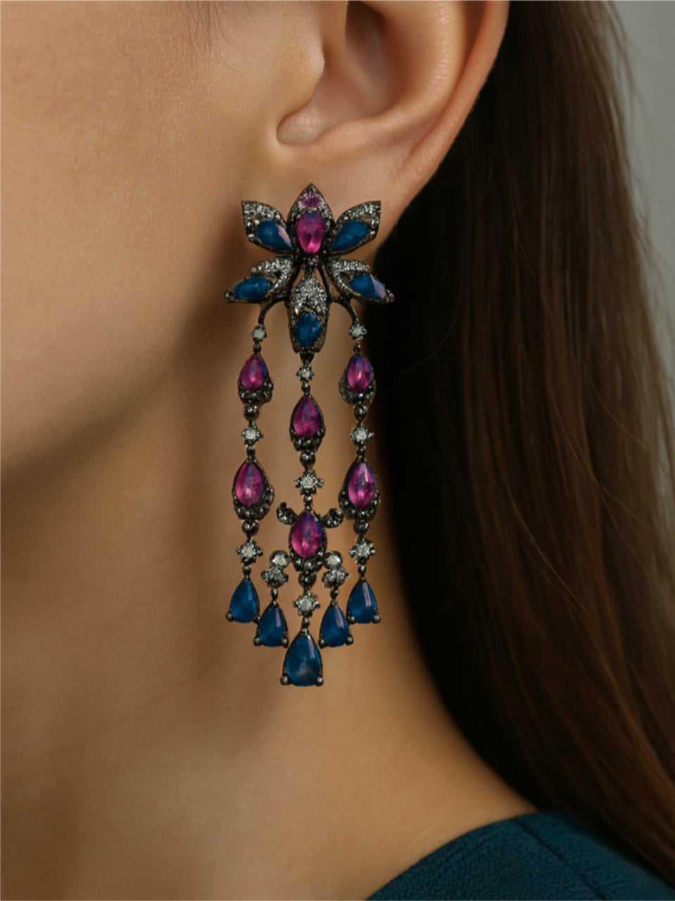 Royal Sapphire & Ruby Chandelier Earrings – Luxury Crystal Drop Earrings for Women