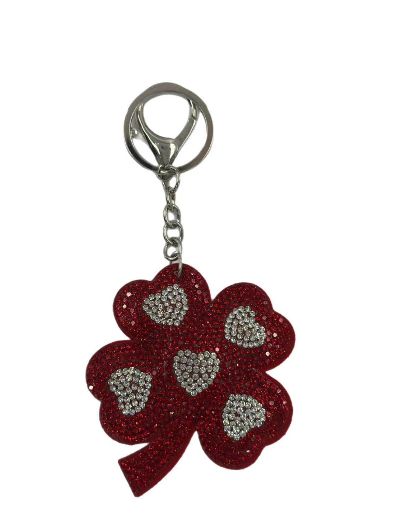 Red Crystal Four-Leaf Clover Keychain with Heart Accents - MODA ACCESSORIES