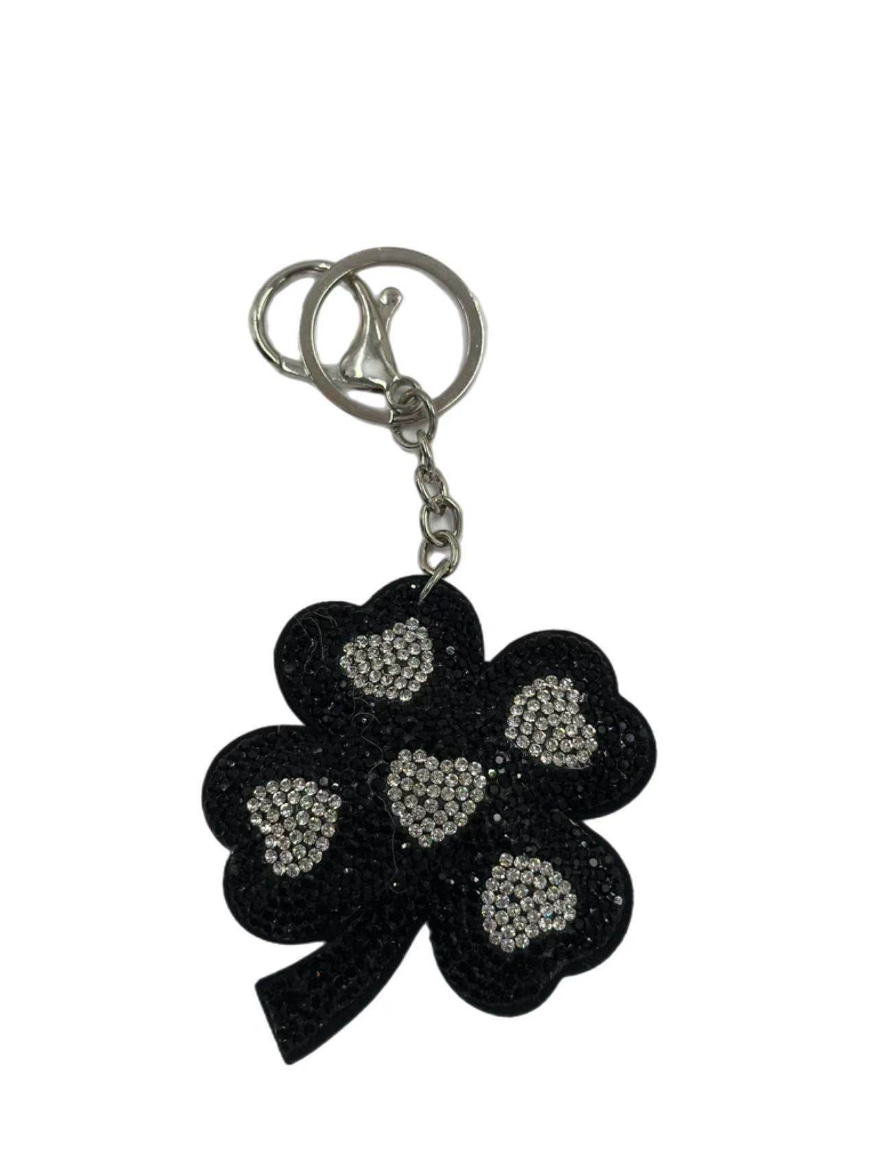 Black Rhinestone Four-Leaf Clover Keychain – Lucky Charm Bag Pendant - MODA ACCESSORIES
