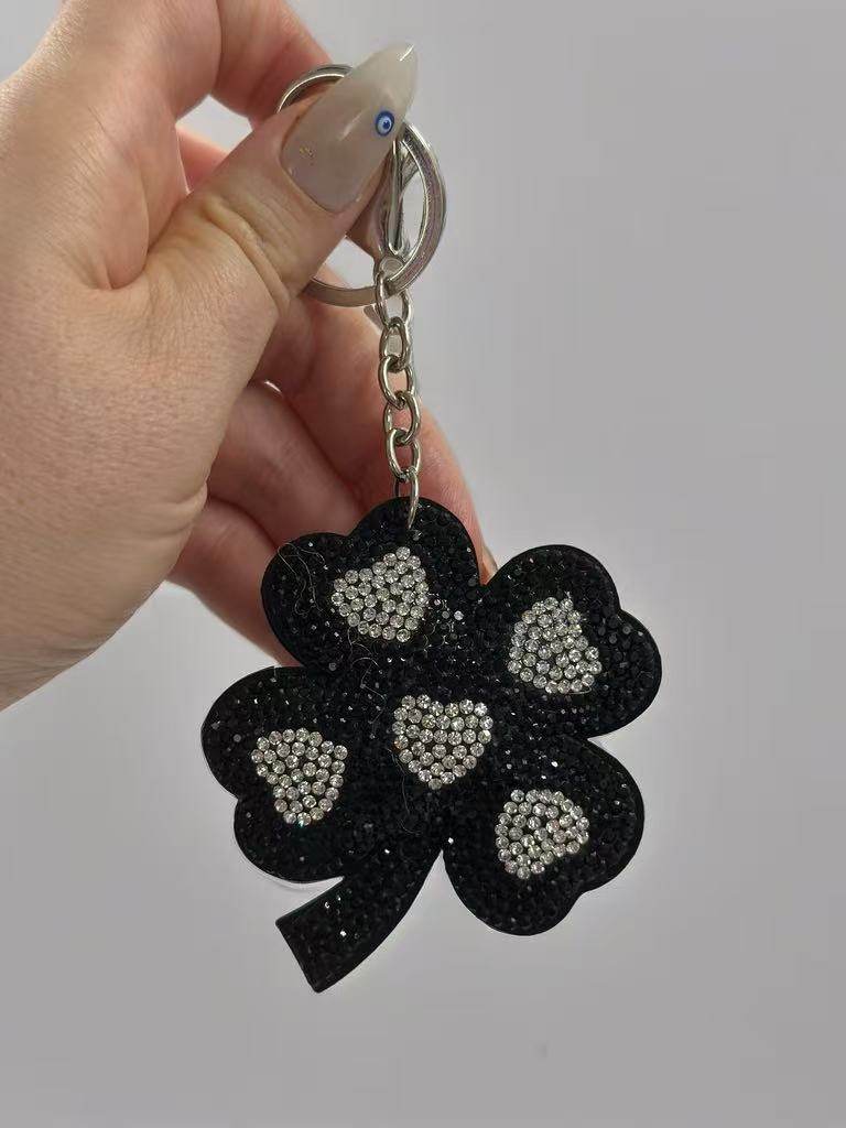 Black Rhinestone Four-Leaf Clover Keychain – Lucky Charm Bag Pendant - MODA ACCESSORIES